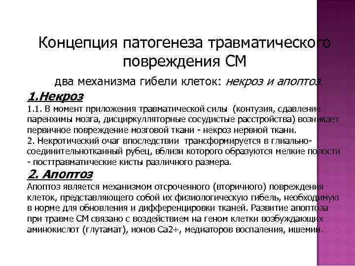 Концепция патогенеза травматического повреждения СМ два механизма гибели клеток: некроз и апоптоз. 1. Некроз