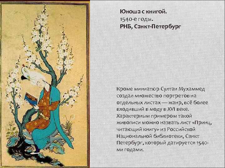 Юноша с книгой. 1540 -е годы. РНБ, Санкт-Петербург Кроме миниатюр Султан Мухаммед создал множество