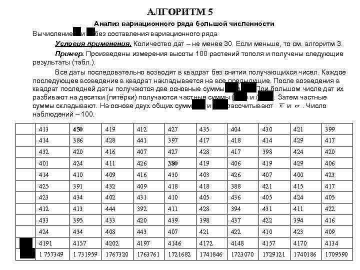 АЛГОРИТМ 5 Анализ вариационного ряда большой численности Вычисление и без составления вариационного ряда Условия