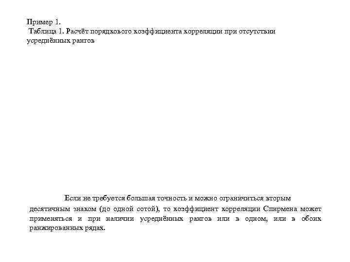 Пример 1. Таблица 1. Расчёт порядкового коэффициента корреляции при отсутствии усреднённых рангов Если не