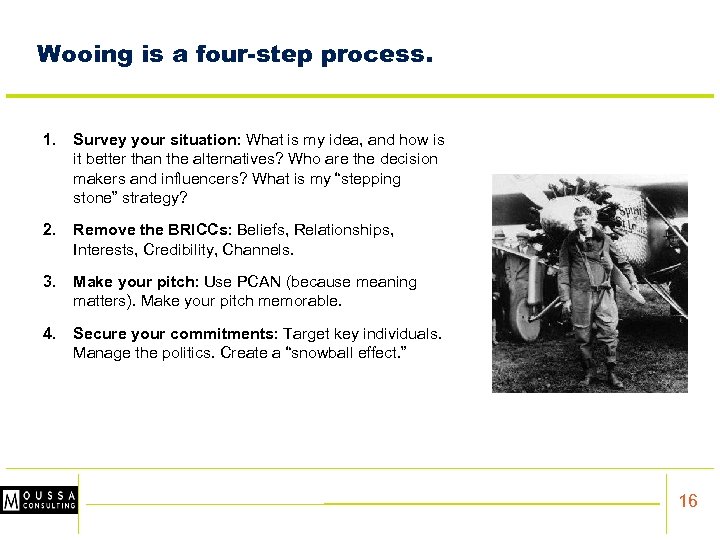 Wooing is a four-step process. 1. Survey your situation: What is my idea, and