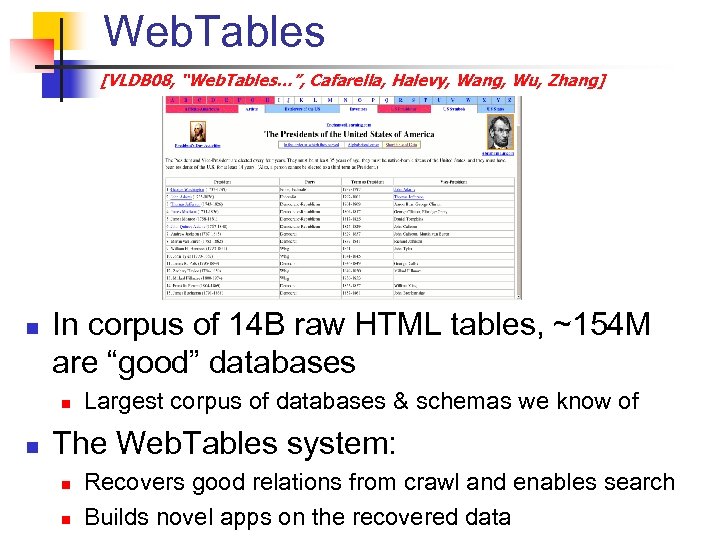 Web. Tables [VLDB 08, “Web. Tables…”, Cafarella, Halevy, Wang, Wu, Zhang] n In corpus