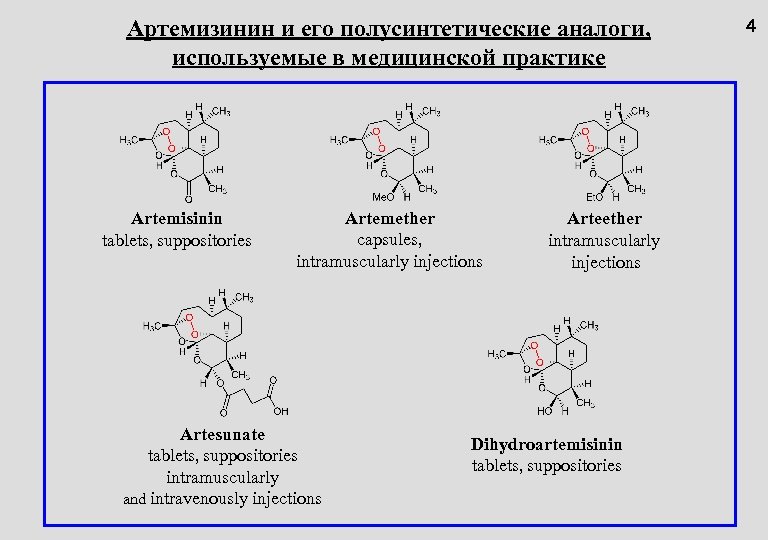 Артемизинин и его полусинтетические аналоги, используемые в медицинской практике Artemisinin tablets, suppositories Artemether capsules,