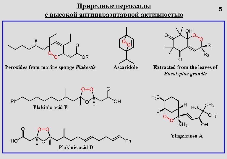 Природные пероксиды с высокой антипаразитарной активностью Peroxides from marine sponge Plakortis Ascaridole Extracted from