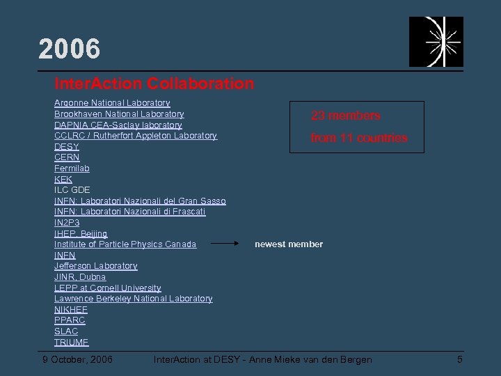 2006 Inter. Action Collaboration Argonne National Laboratory Brookhaven National Laboratory DAPNIA CEA-Saclay laboratory CCLRC