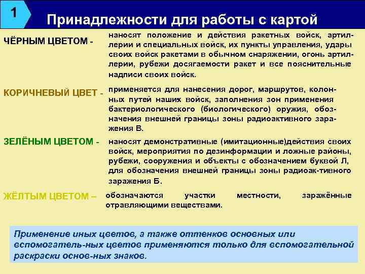 1 Принадлежности для работы с картой ЧЁРНЫМ ЦВЕТОМ - наносят положение и действия ракетных