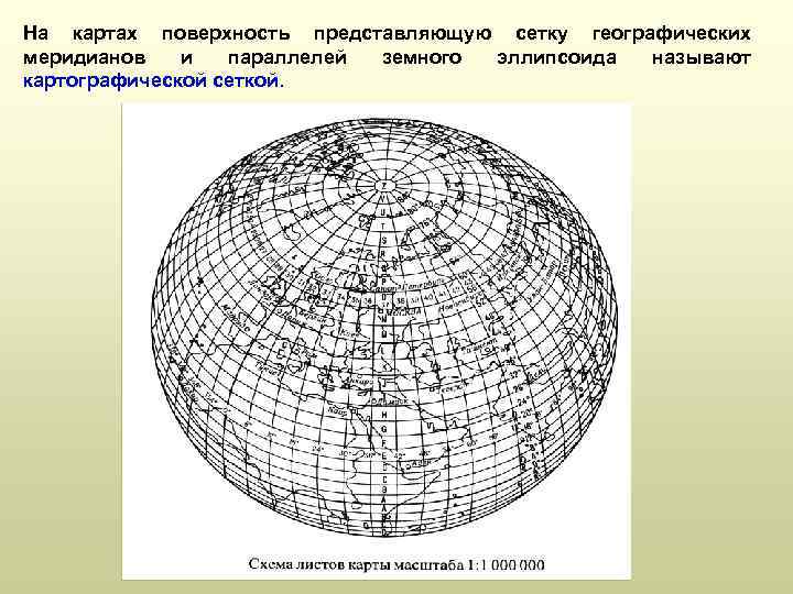 На картах поверхность представляющую сетку географических меридианов и параллелей земного эллипсоида называют картографической сеткой.