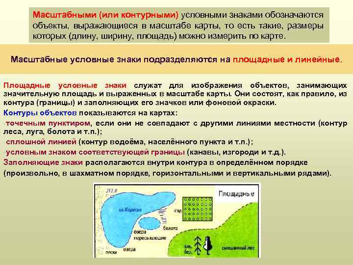 Масштабными (или контурными) условными знаками обозначаются объекты, выражающиеся в масштабе карты, то есть такие,