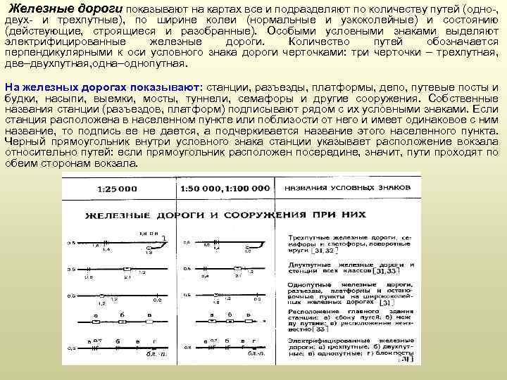  Железные дороги показывают на картах все и подразделяют по количеству путей (одно ,