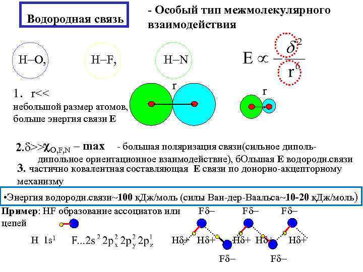 Водородная связь H O, H F, - Особый тип межмолекулярного взаимодействия H N r