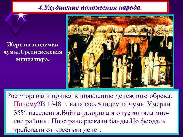 4. Ухудшение положения народа. Жертвы эпидемии чумы. Средневековая миниатюра. Рост торговли привел к появлению