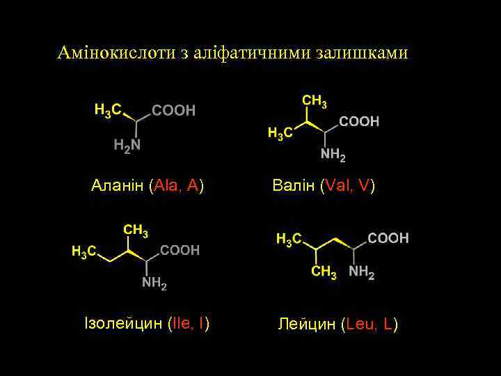 Aмінокислоти з аліфатичними залишками Аланін (Ala, A) Ізолейцин (Ile, I) Валін (Val, V) Лейцин