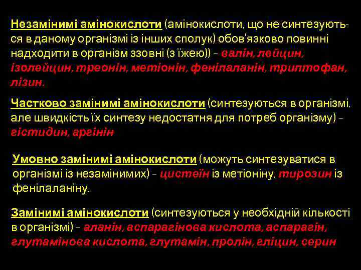 Незамінимі амінокислоти (амінокислоти, що не синтезуються в даному організмі із інших сполук) обов’язково повинні