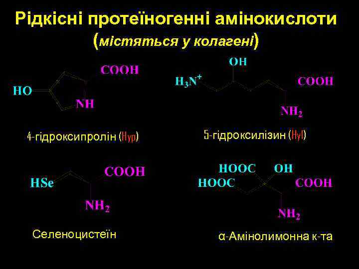 Рідкісні протеїногенні амінокислоти (містяться у колагені) 4 -гідроксипролін (Hyp) Селеноцистеїн 5 -гідроксилізин (Hyl) α-Амінолимонна