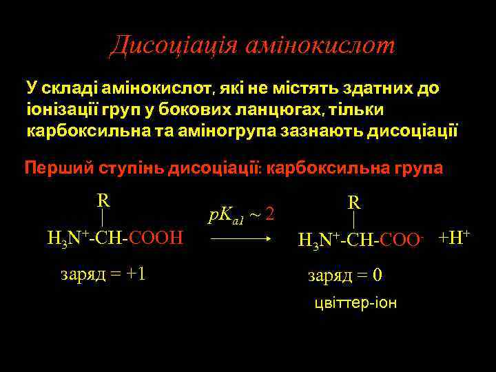 Дисоціація амінокислот У складі амінокислот, які не містять здатних до іонізації груп у бокових