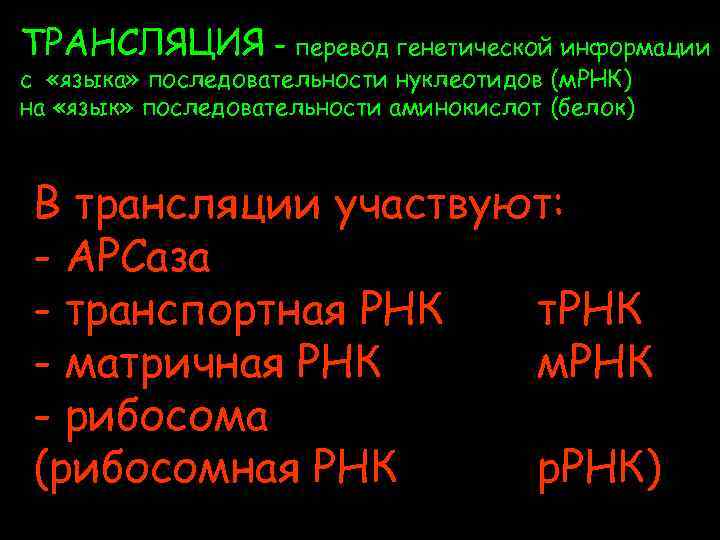 ТРАНСЛЯЦИЯ – перевод генетической информации с «языка» последовательности нуклеотидов (м. РНК) на «язык» последовательности