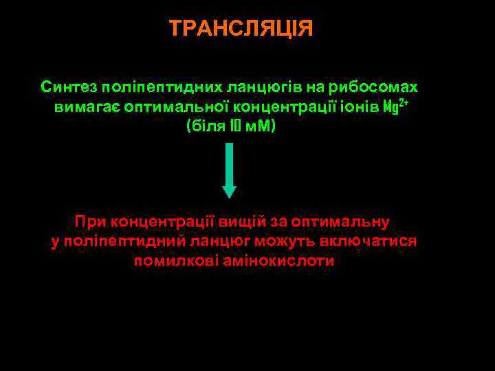 ТРАНСЛЯЦІЯ Синтез поліпептидних ланцюгів на рибосомах вимагає оптимальної концентрації іонів Mg 2+ (біля 10