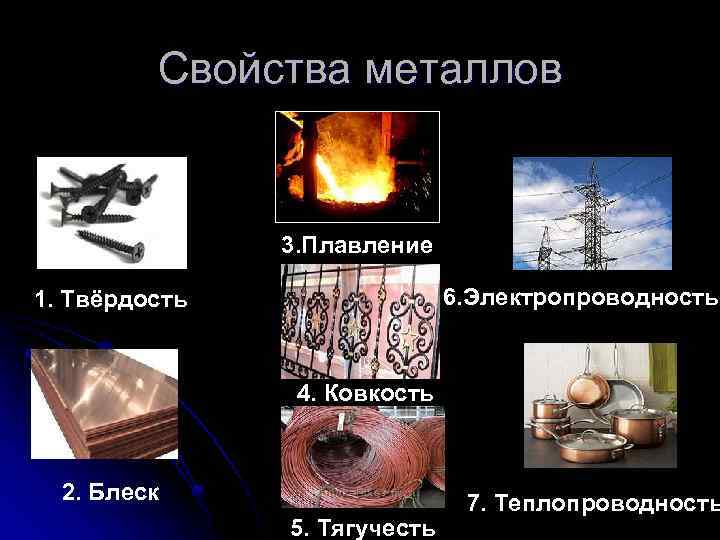 Свойства металлов 3. Плавление 6. Электропроводность 1. Твёрдость 4. Ковкость 2. Блеск 5. Тягучесть