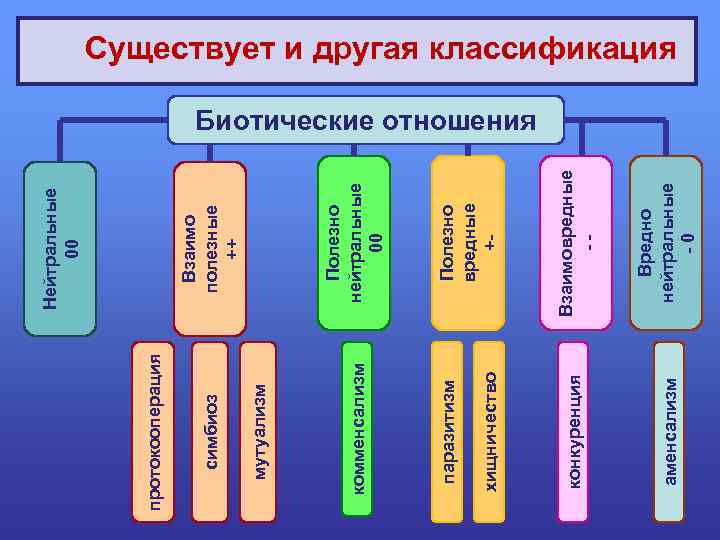 Взаимовредные -Вредно нейтральные -0 аменсализм Полезно вредные +- Полезно нейтральные 00 Взаимо полезные ++