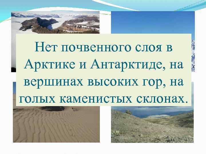 Нет почвенного слоя в Арктике и Антарктиде, на вершинах высоких гор, на голых каменистых