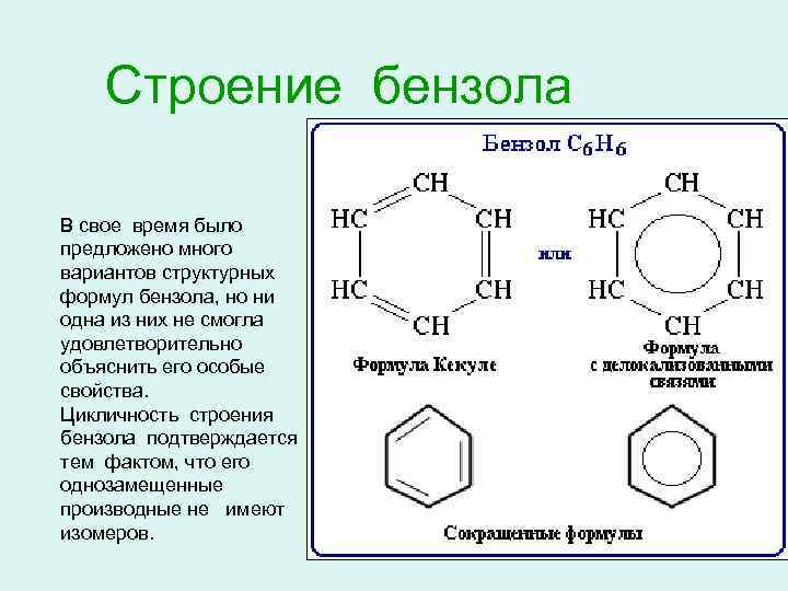 Строение бензола В свое время было предложено много вариантов структурных формул бензола, но ни