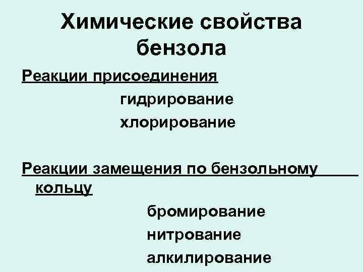 Химические свойства бензола Реакции присоединения гидрирование хлорирование Реакции замещения по бензольному кольцу бромирование нитрование