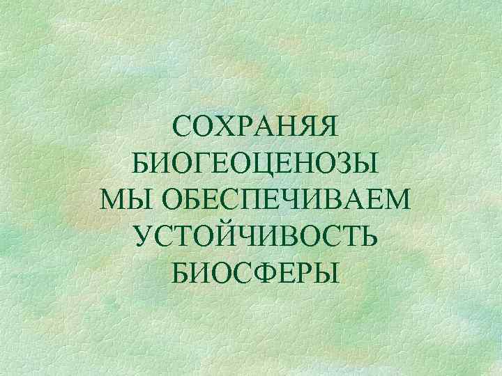 СОХРАНЯЯ БИОГЕОЦЕНОЗЫ МЫ ОБЕСПЕЧИВАЕМ УСТОЙЧИВОСТЬ БИОСФЕРЫ 