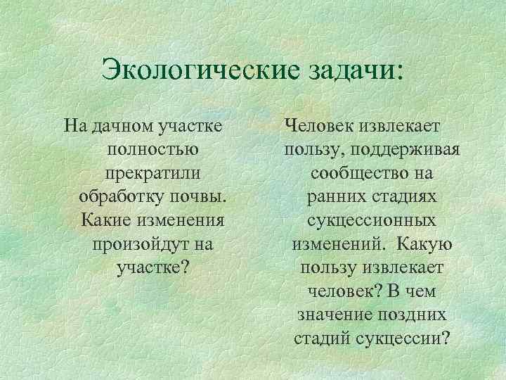 Экологические задачи: На дачном участке полностью прекратили обработку почвы. Какие изменения произойдут на участке?