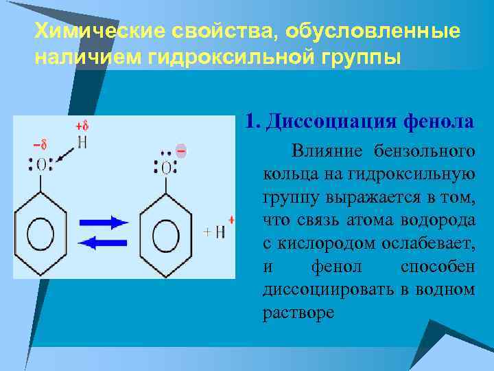 Химические свойства, обусловленные наличием гидроксильной группы 1. Диссоциация фенола Влияние бензольного кольца на гидроксильную