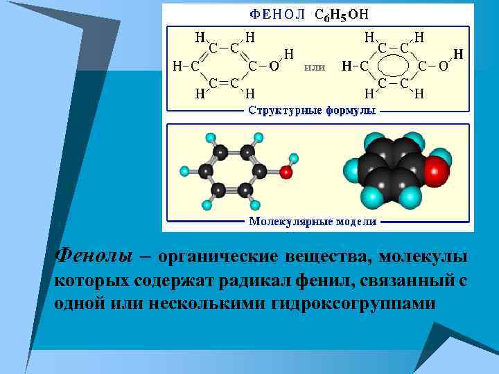 Фенолы – органические вещества, молекулы которых содержат радикал фенил, связанный с одной или несколькими