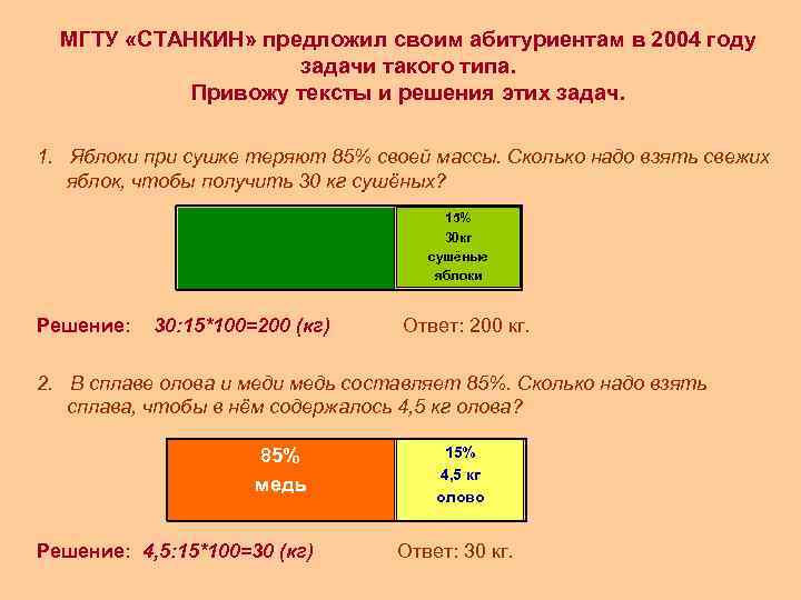 МГТУ «СТАНКИН» предложил своим абитуриентам в 2004 году задачи такого типа. Привожу тексты и