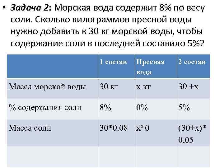  • Задача 2: Морская вода содержит 8% по весу соли. Сколько килограммов пресной