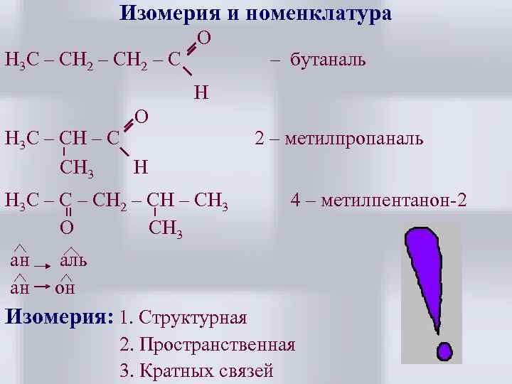 Изомерия и номенклатура Н 3 С – СН 2 – С O – бутаналь