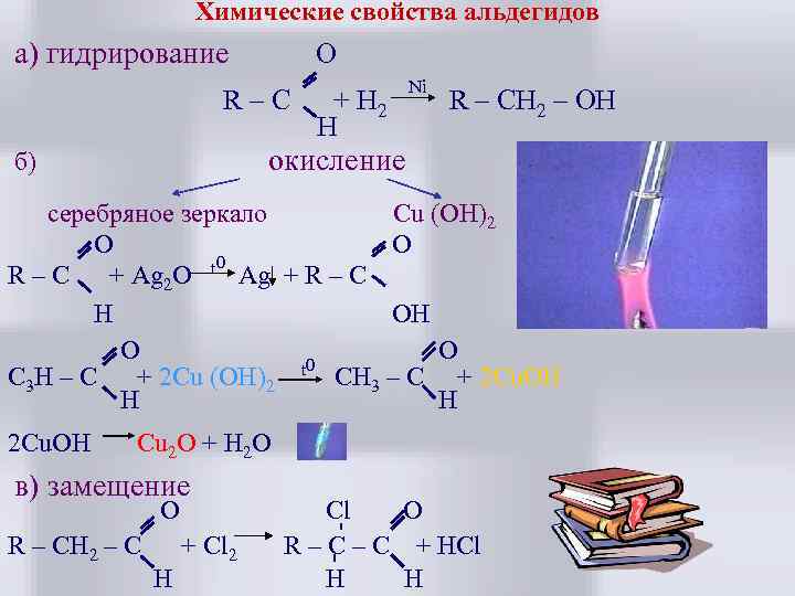 Химические свойства альдегидов а) гидрирование O R–C + H 2 H Ni R –