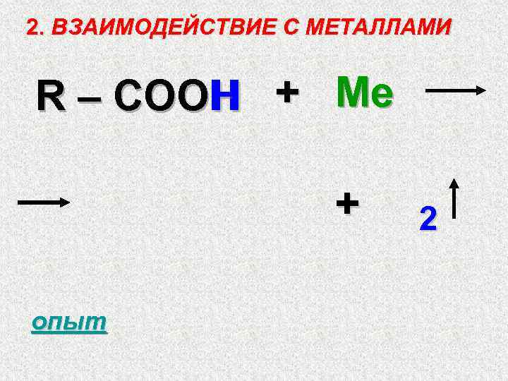 2. ВЗАИМОДЕЙСТВИЕ С МЕТАЛЛАМИ R – COOH + Ме + опыт 2 