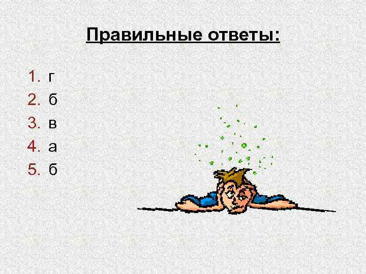Правильные ответы: 1. 2. 3. 4. 5. г б в а б 