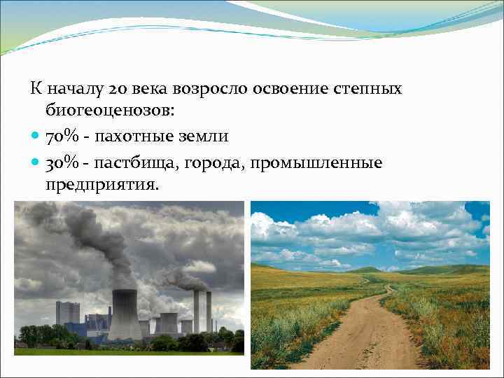 К началу 20 века возросло освоение степных биогеоценозов: 70% - пахотные земли 30% -