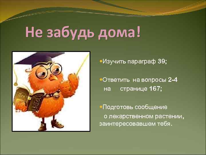 Не забудь дома! Изучить параграф 39; Ответить на вопросы 2 -4 на странице 167;