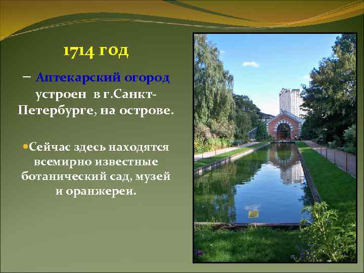 1714 год – Аптекарский огород устроен в г. Санкт. Петербурге, на острове. Сейчас здесь