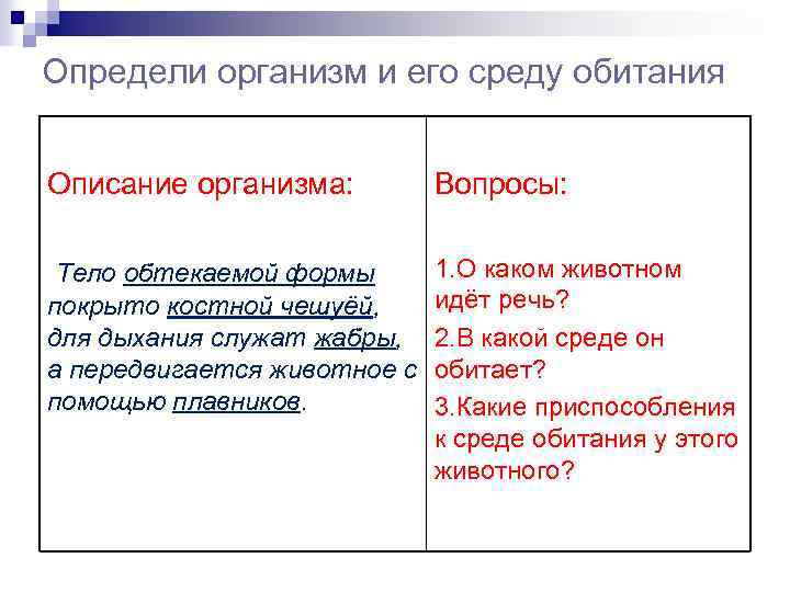 Определи организм и его среду обитания Описание организма: Вопросы: Тело обтекаемой формы покрыто костной