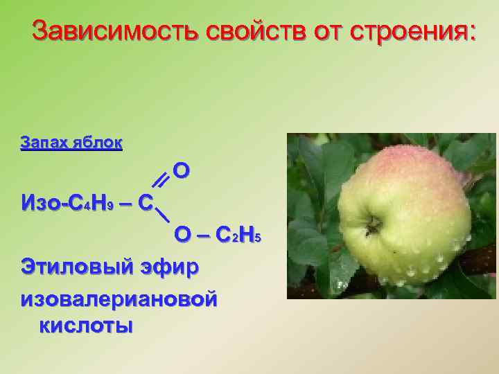 Зависимость свойств от строения: Запах яблок О Изо-С 4 Н 9 – С О