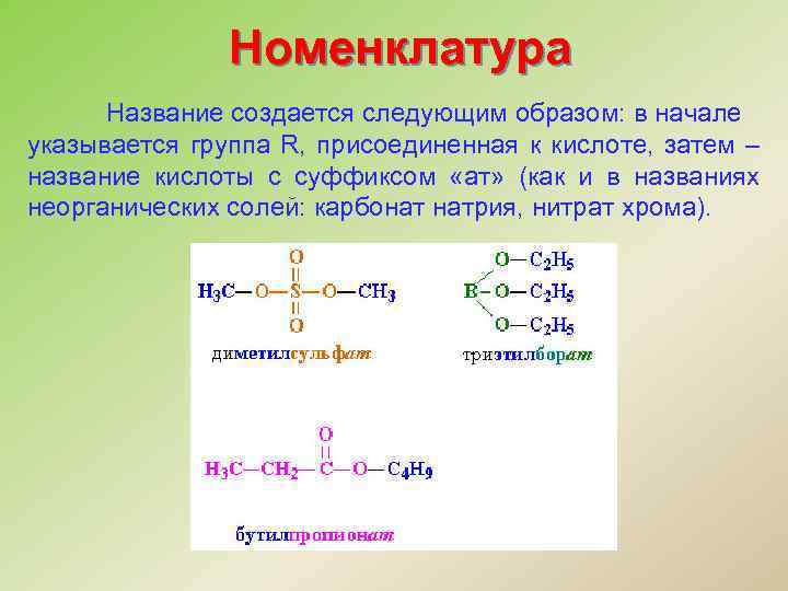 Номенклатура Название создается следующим образом: в начале указывается группа R, присоединенная к кислоте, затем