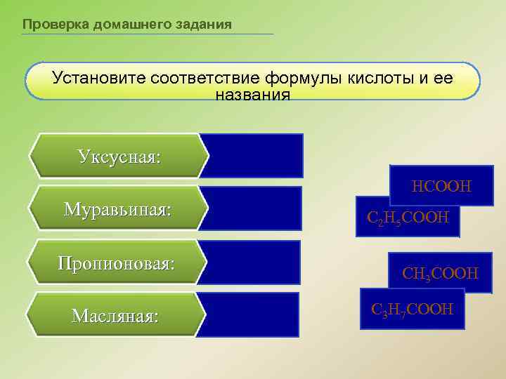 Проверка домашнего задания Установите соответствие формулы кислоты и ее названия Уксусная: HСOOH Муравьиная: Пропионовая: