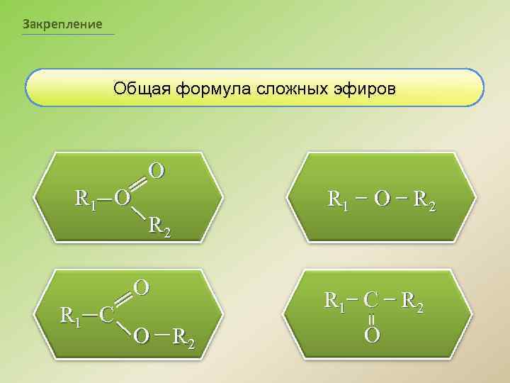 Закрепление Общая формула сложных эфиров O R 1 O R 2 O R 1