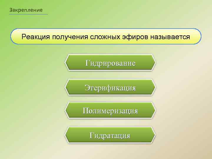 Закрепление Реакция получения сложных эфиров называется Гидрирование Этерификация ПРАВИЛЬНО! Полимеризация Гидратация 