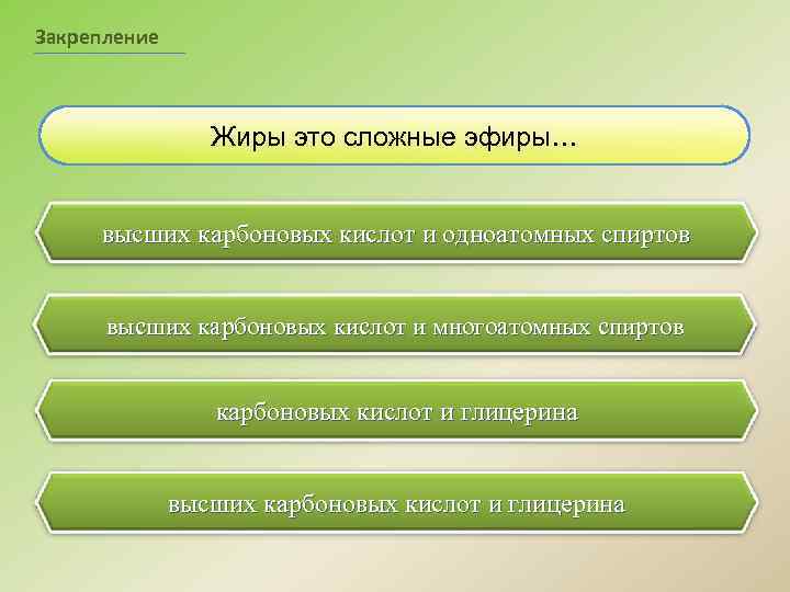 Закрепление Жиры это сложные эфиры… высших карбоновых кислот и одноатомных спиртов высших карбоновых кислот