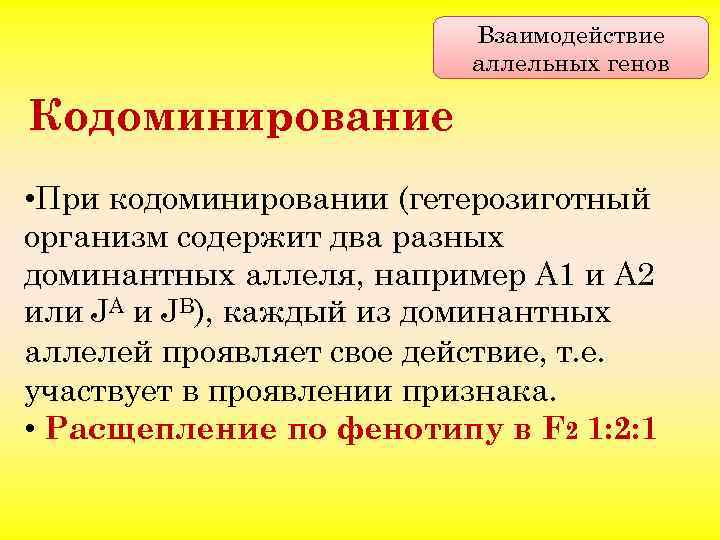 Взаимодействие аллельных генов Кодоминирование • При кодоминировании (гетерозиготный организм содержит два разных доминантных аллеля,