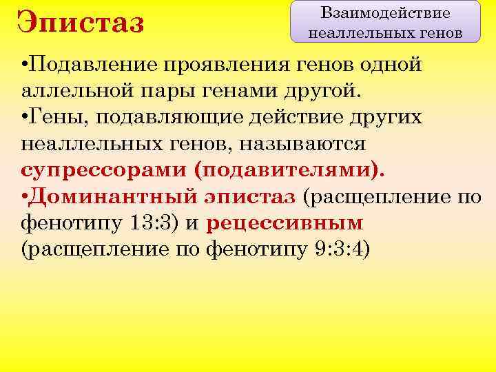 Эпистаз Взаимодействие неаллельных генов • Подавление проявления генов одной аллельной пары генами другой. •