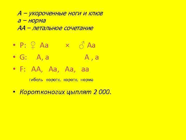 А – укороченные ноги и клюв а – норма АА – летальное сочетание •