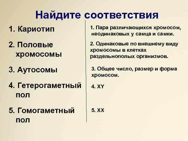 Найдите соответствия 1. Кариотип 1. Пара различающихся хромосом, неодинаковых у самца и самки. 2.